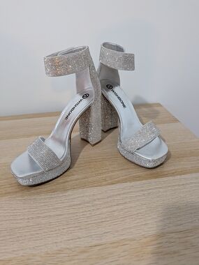Wishbone Silver Crystal Platform Block Heels